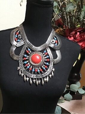 Statement Red & Turquoise Colored Beaded Silver-Tone Bib Necklace